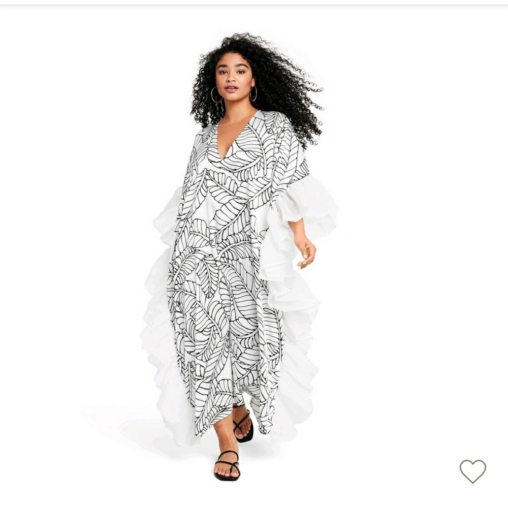 Fe Noel Palm Leaf Leaf Print Ruffle Trim Cover up Dress Kaftan